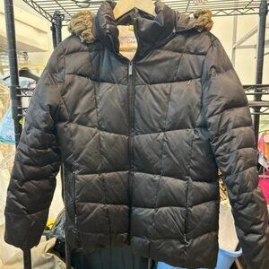 Calvin Klein Black Quilted Puffer Jacket with Detachable Faux Fur Hood | Size PL